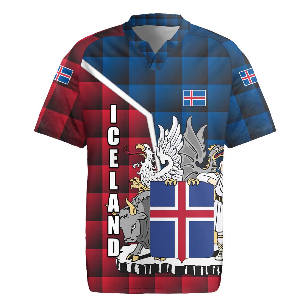 Iceland Crest Rugby Jersey with Viking Dragon and Icelandic Flag Plaid Pattern - Wonder Print Shop