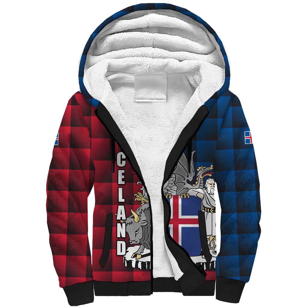 Iceland Crest Sherpa Hoodie with Viking Dragon and Icelandic Flag Plaid Pattern - Wonder Print Shop