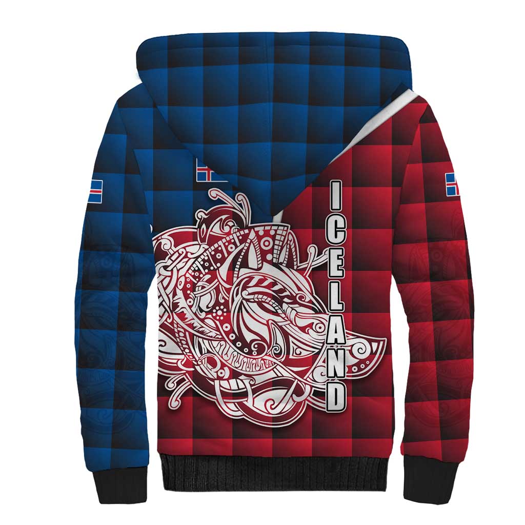 Iceland Crest Sherpa Hoodie with Viking Dragon and Icelandic Flag Plaid Pattern - Wonder Print Shop