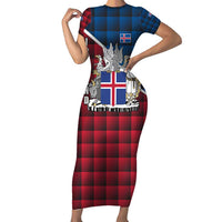Iceland Crest Short Sleeve Bodycon Dress with Viking Dragon and Icelandic Flag Plaid Pattern - Wonder Print Shop