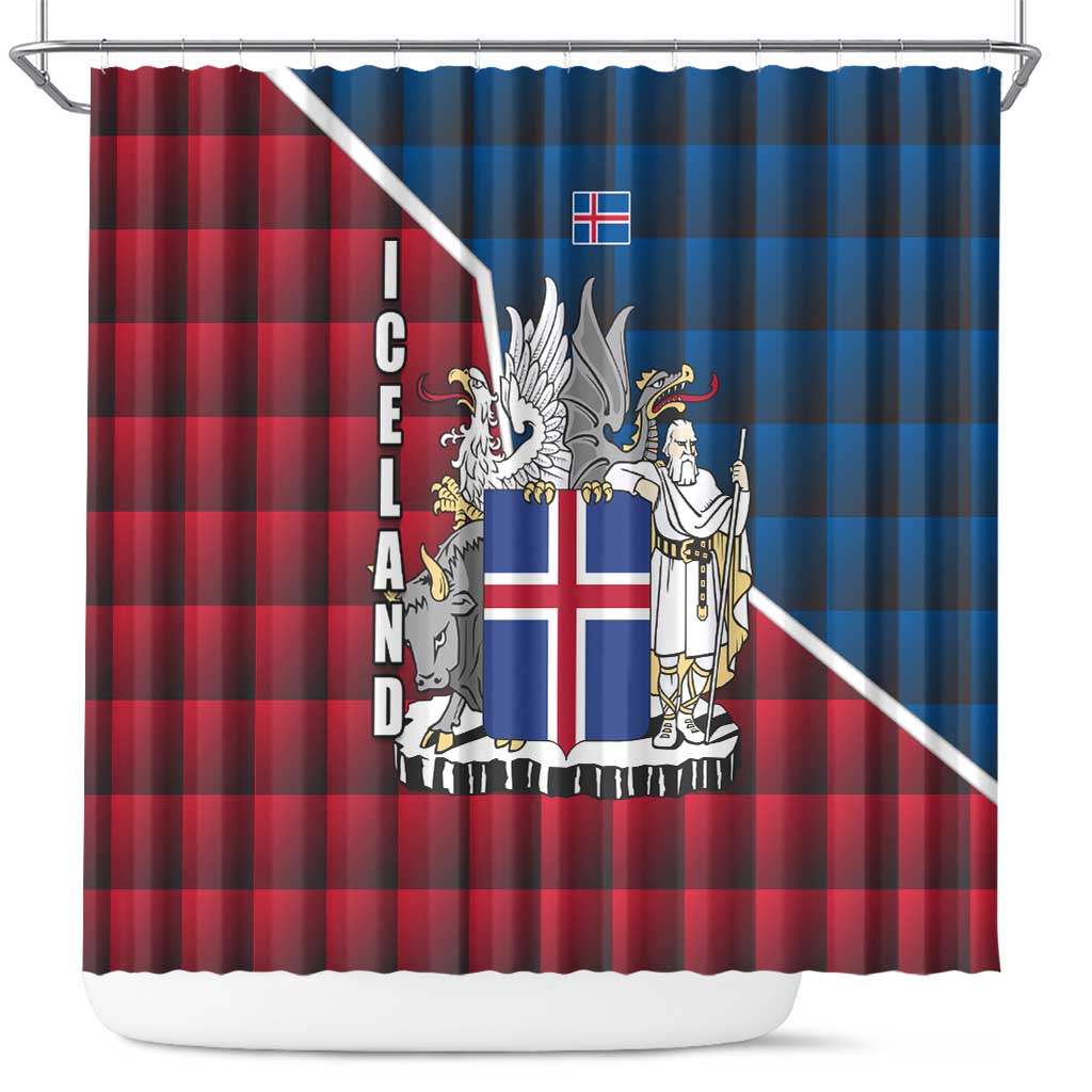 Iceland Crest Shower Curtain with Viking Dragon and Icelandic Flag Plaid Pattern - Wonder Print Shop