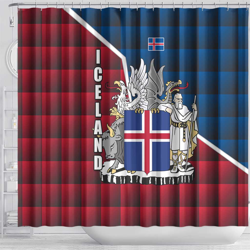Iceland Crest Shower Curtain with Viking Dragon and Icelandic Flag Plaid Pattern - Wonder Print Shop