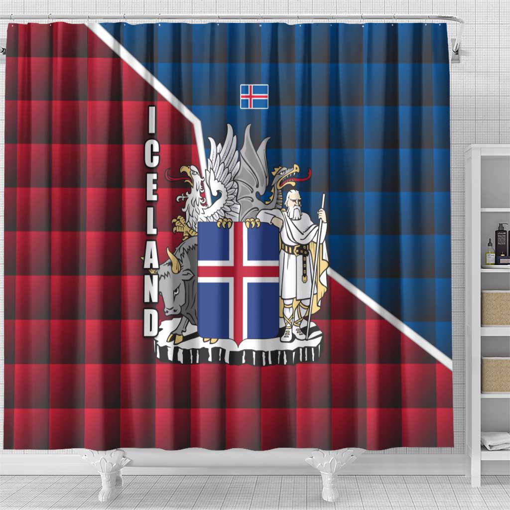 Iceland Crest Shower Curtain with Viking Dragon and Icelandic Flag Plaid Pattern - Wonder Print Shop
