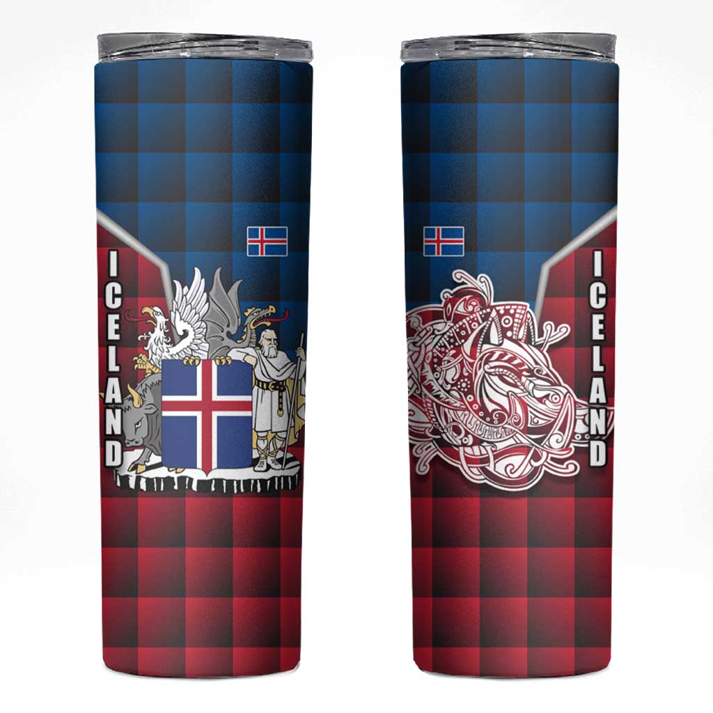 Iceland Crest Skinny Tumbler with Viking Dragon and Icelandic Flag Plaid Pattern - Wonder Print Shop