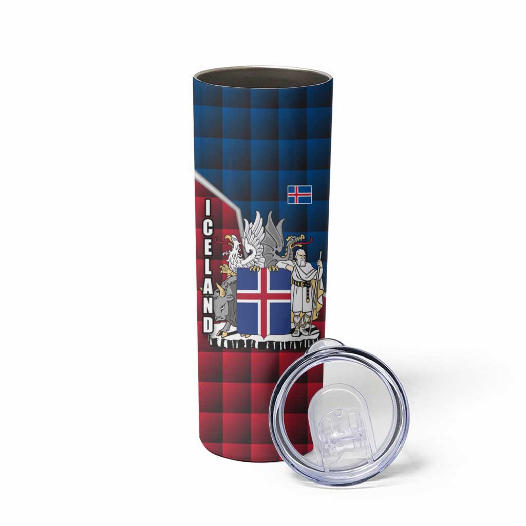 Iceland Crest Skinny Tumbler with Viking Dragon and Icelandic Flag Plaid Pattern - Wonder Print Shop