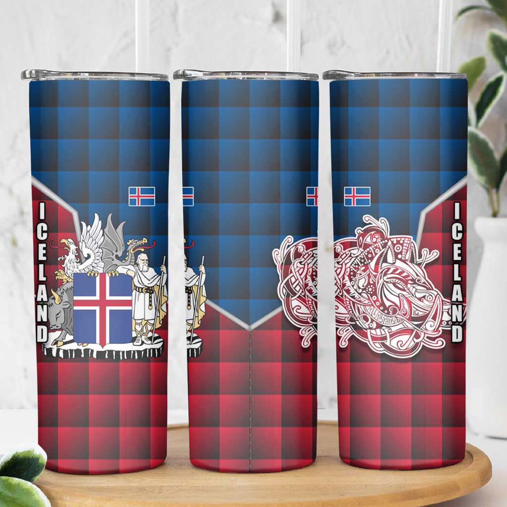 Iceland Crest Skinny Tumbler with Viking Dragon and Icelandic Flag Plaid Pattern - Wonder Print Shop
