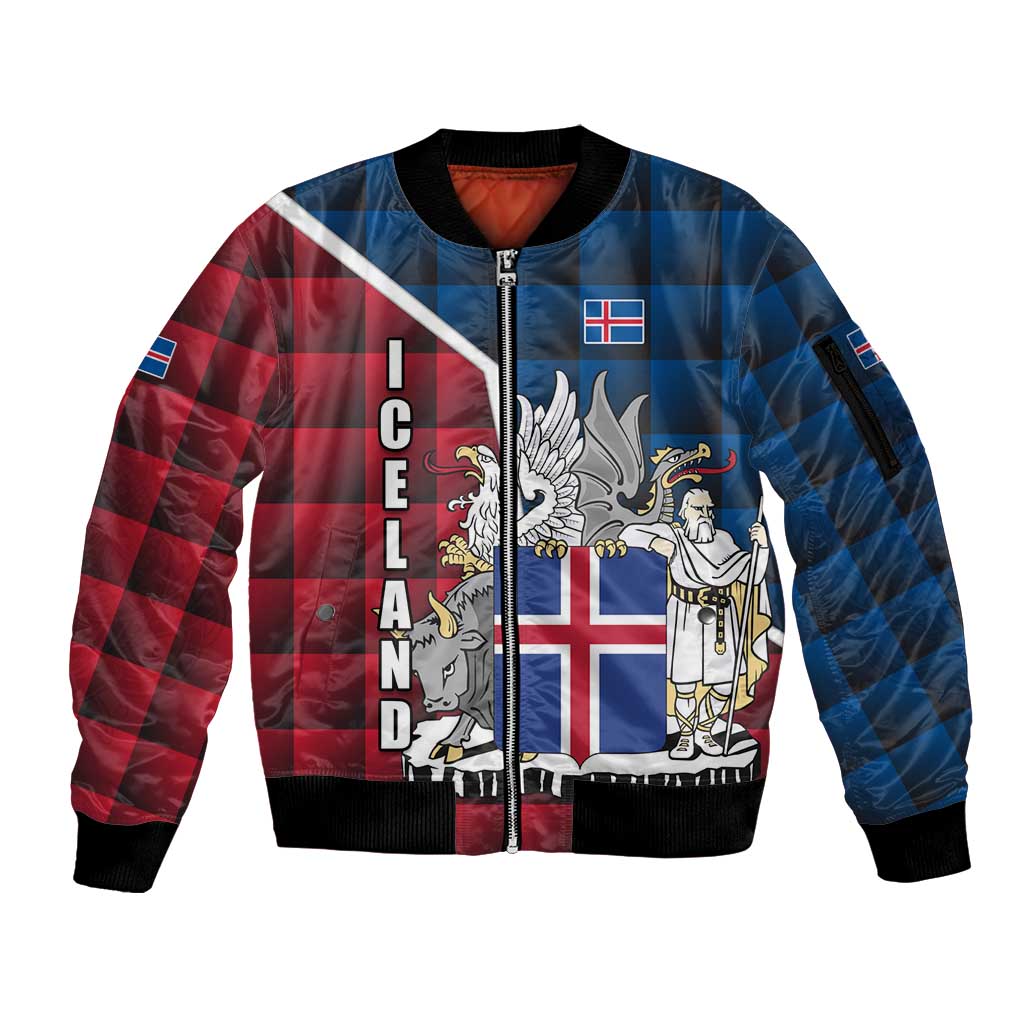 Iceland Crest Sleeve Zip Bomber Jacket with Viking Dragon and Icelandic Flag Plaid Pattern - Wonder Print Shop
