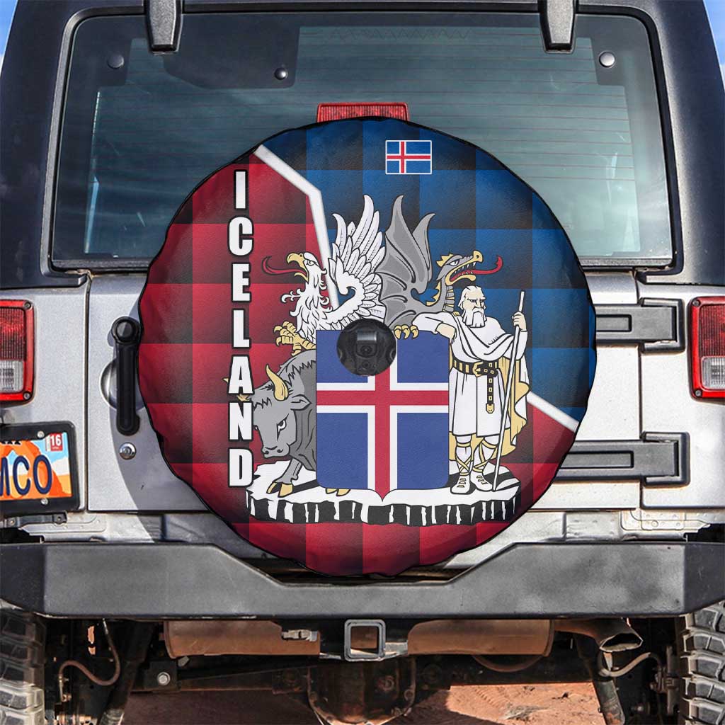 Iceland Crest Spare Tire Cover with Viking Dragon and Icelandic Flag Plaid Pattern - Wonder Print Shop