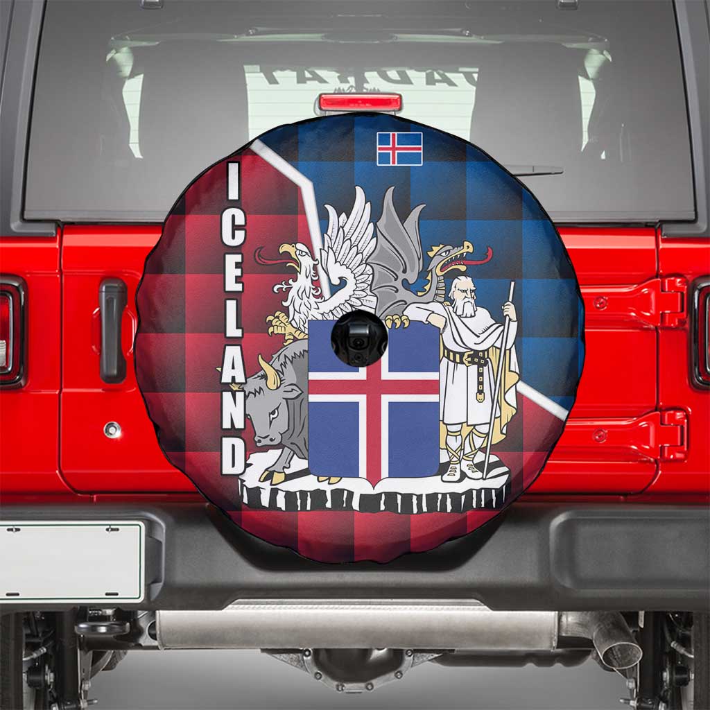 Iceland Crest Spare Tire Cover with Viking Dragon and Icelandic Flag Plaid Pattern - Wonder Print Shop