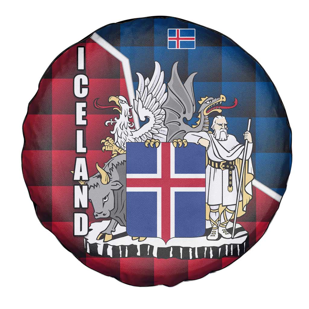 Iceland Crest Spare Tire Cover with Viking Dragon and Icelandic Flag Plaid Pattern - Wonder Print Shop