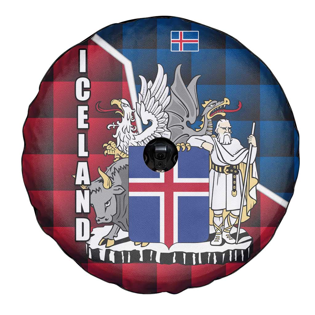 Iceland Crest Spare Tire Cover with Viking Dragon and Icelandic Flag Plaid Pattern - Wonder Print Shop