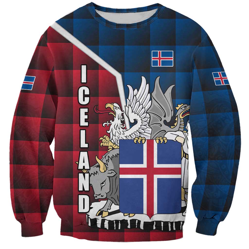 Iceland Crest Sweatshirt with Viking Dragon and Icelandic Flag Plaid Pattern - Wonder Print Shop
