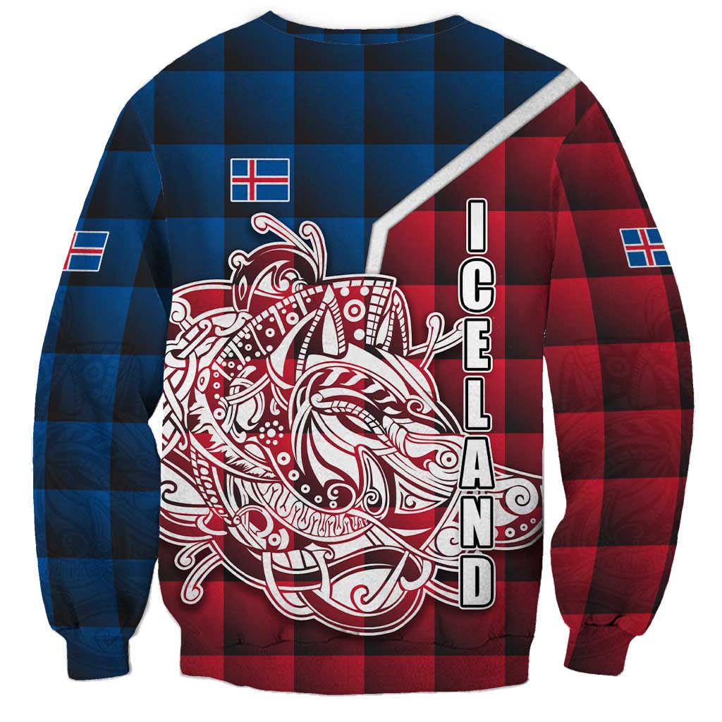 Iceland Crest Sweatshirt with Viking Dragon and Icelandic Flag Plaid Pattern - Wonder Print Shop