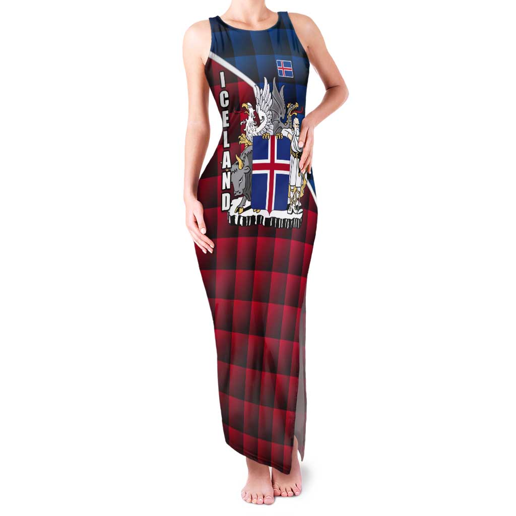 Iceland Crest Tank Maxi Dress with Viking Dragon and Icelandic Flag Plaid Pattern - Wonder Print Shop