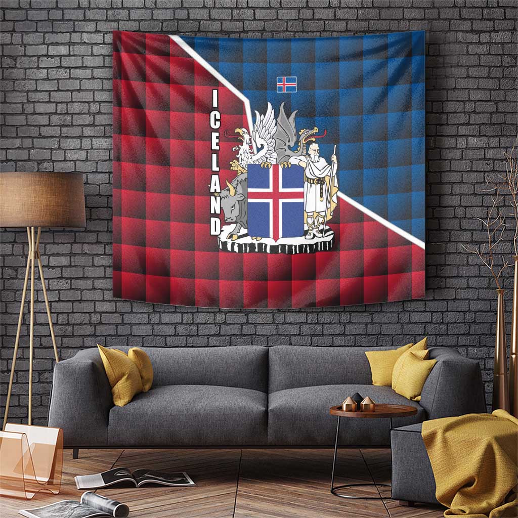 Iceland Crest Tapestry with Viking Dragon and Icelandic Flag Plaid Pattern - Wonder Print Shop