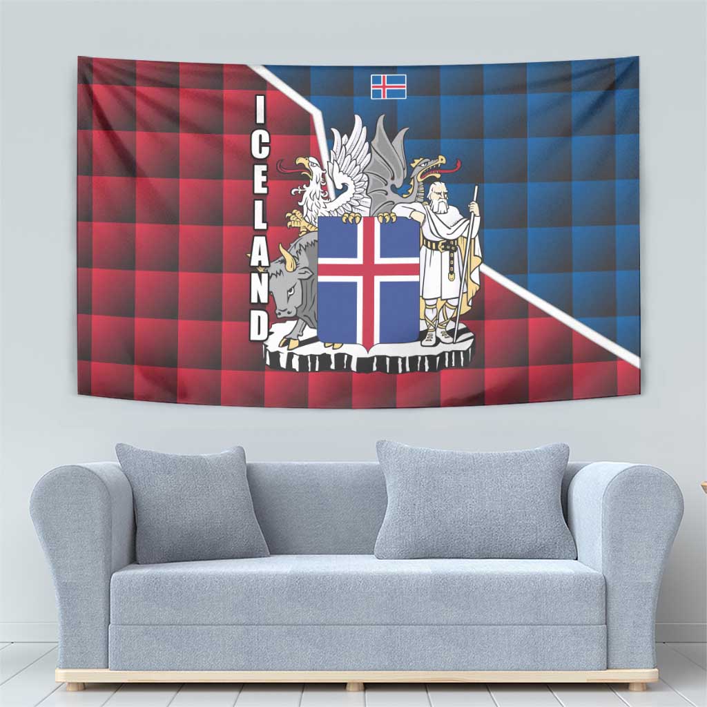 Iceland Crest Tapestry with Viking Dragon and Icelandic Flag Plaid Pattern - Wonder Print Shop