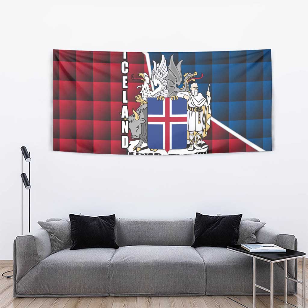 Iceland Crest Tapestry with Viking Dragon and Icelandic Flag Plaid Pattern - Wonder Print Shop