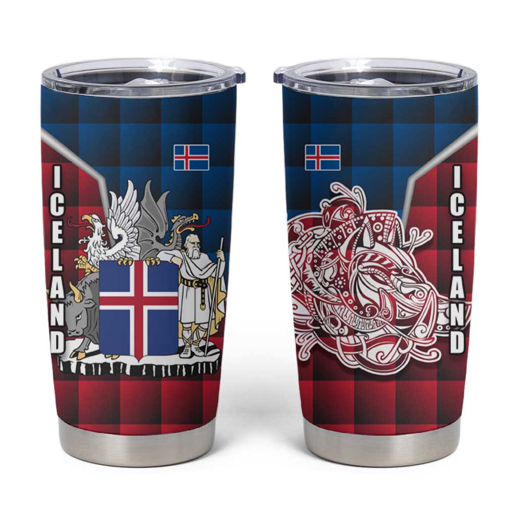 Iceland Crest Tumbler Cup with Viking Dragon and Icelandic Flag Plaid Pattern - Wonder Print Shop