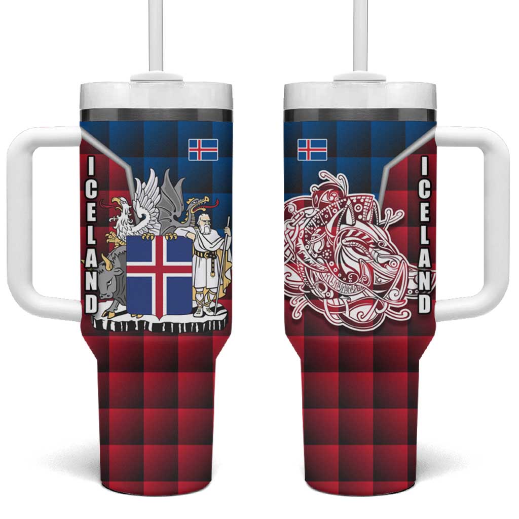 Iceland Crest Tumbler With Handle with Viking Dragon and Icelandic Flag Plaid Pattern - Wonder Print Shop