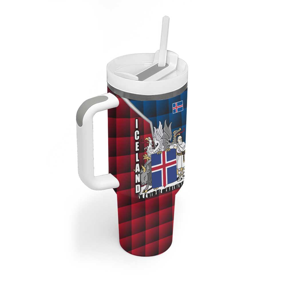 Iceland Crest Tumbler With Handle with Viking Dragon and Icelandic Flag Plaid Pattern - Wonder Print Shop