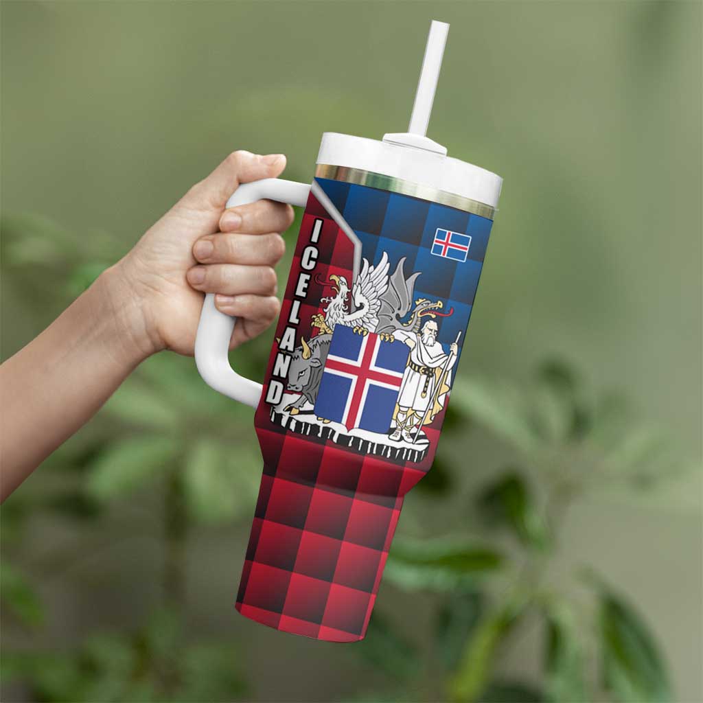 Iceland Crest Tumbler With Handle with Viking Dragon and Icelandic Flag Plaid Pattern - Wonder Print Shop