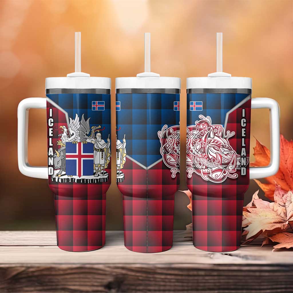 Iceland Crest Tumbler With Handle with Viking Dragon and Icelandic Flag Plaid Pattern - Wonder Print Shop