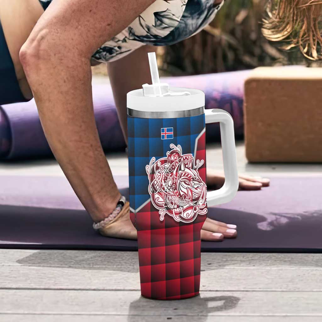 Iceland Crest Tumbler With Handle with Viking Dragon and Icelandic Flag Plaid Pattern - Wonder Print Shop