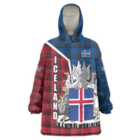 Iceland Crest Wearable Blanket Hoodie with Viking Dragon and Icelandic Flag Plaid Pattern - Wonder Print Shop