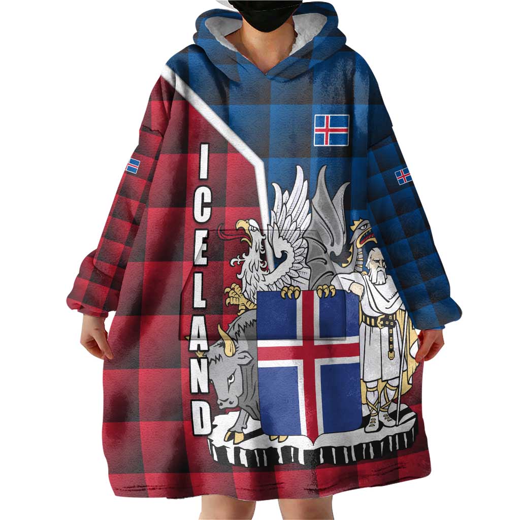 Iceland Crest Wearable Blanket Hoodie with Viking Dragon and Icelandic Flag Plaid Pattern - Wonder Print Shop