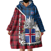 Iceland Crest Wearable Blanket Hoodie with Viking Dragon and Icelandic Flag Plaid Pattern - Wonder Print Shop