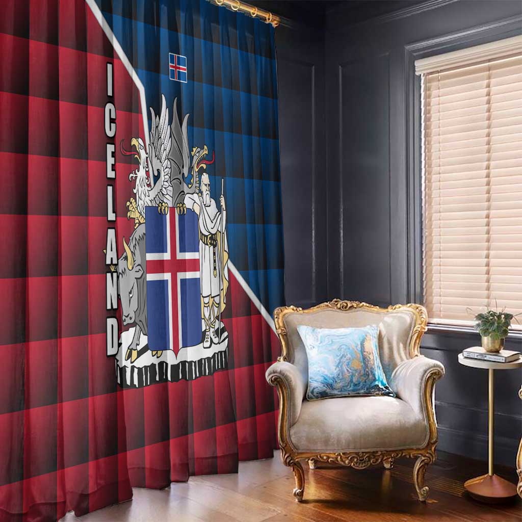Iceland Crest Window Curtain with Viking Dragon and Icelandic Flag Plaid Pattern - Wonder Print Shop