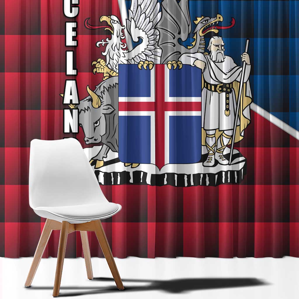 Iceland Crest Window Curtain with Viking Dragon and Icelandic Flag Plaid Pattern - Wonder Print Shop