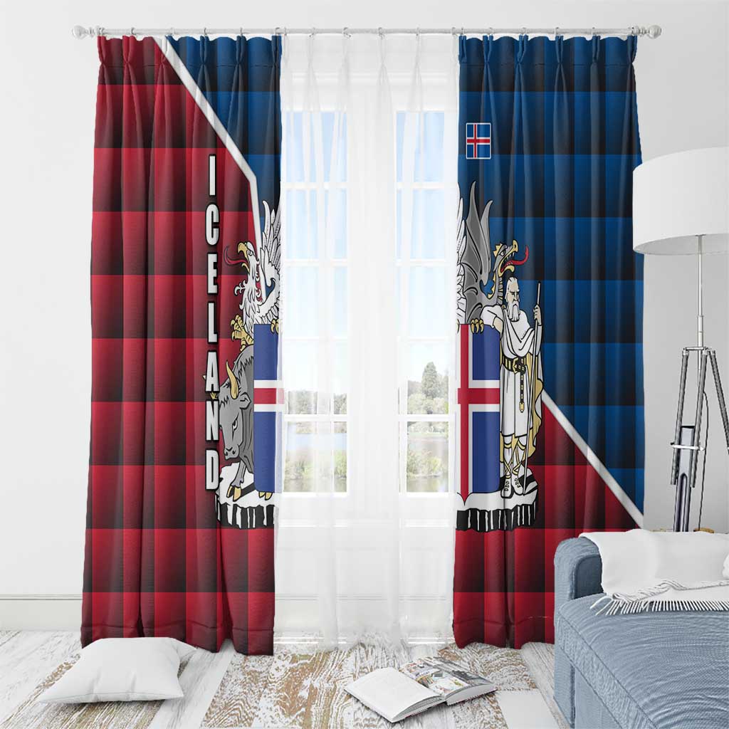 Iceland Crest Window Curtain with Viking Dragon and Icelandic Flag Plaid Pattern - Wonder Print Shop