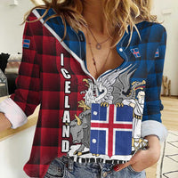 Iceland Crest Women Casual Shirt with Viking Dragon and Icelandic Flag Plaid Pattern - Wonder Print Shop