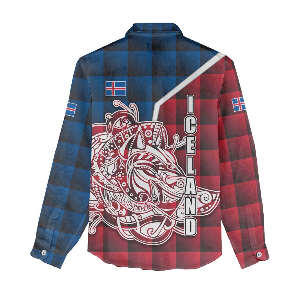 Iceland Crest Women Casual Shirt with Viking Dragon and Icelandic Flag Plaid Pattern - Wonder Print Shop
