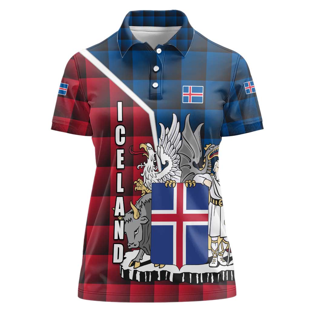 Iceland Crest Women Polo Shirt with Viking Dragon and Icelandic Flag Plaid Pattern - Wonder Print Shop