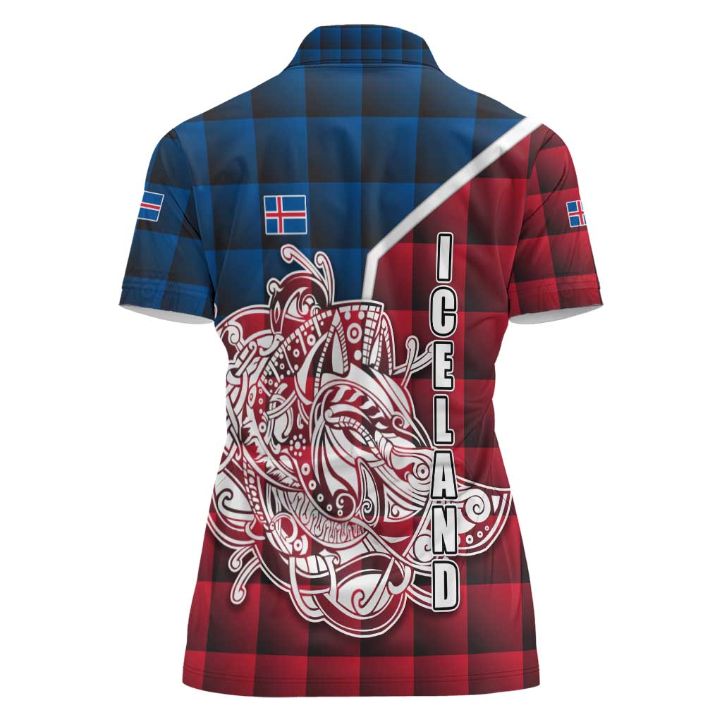 Iceland Crest Women Polo Shirt with Viking Dragon and Icelandic Flag Plaid Pattern - Wonder Print Shop