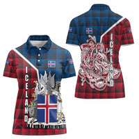 Iceland Crest Women Polo Shirt with Viking Dragon and Icelandic Flag Plaid Pattern - Wonder Print Shop