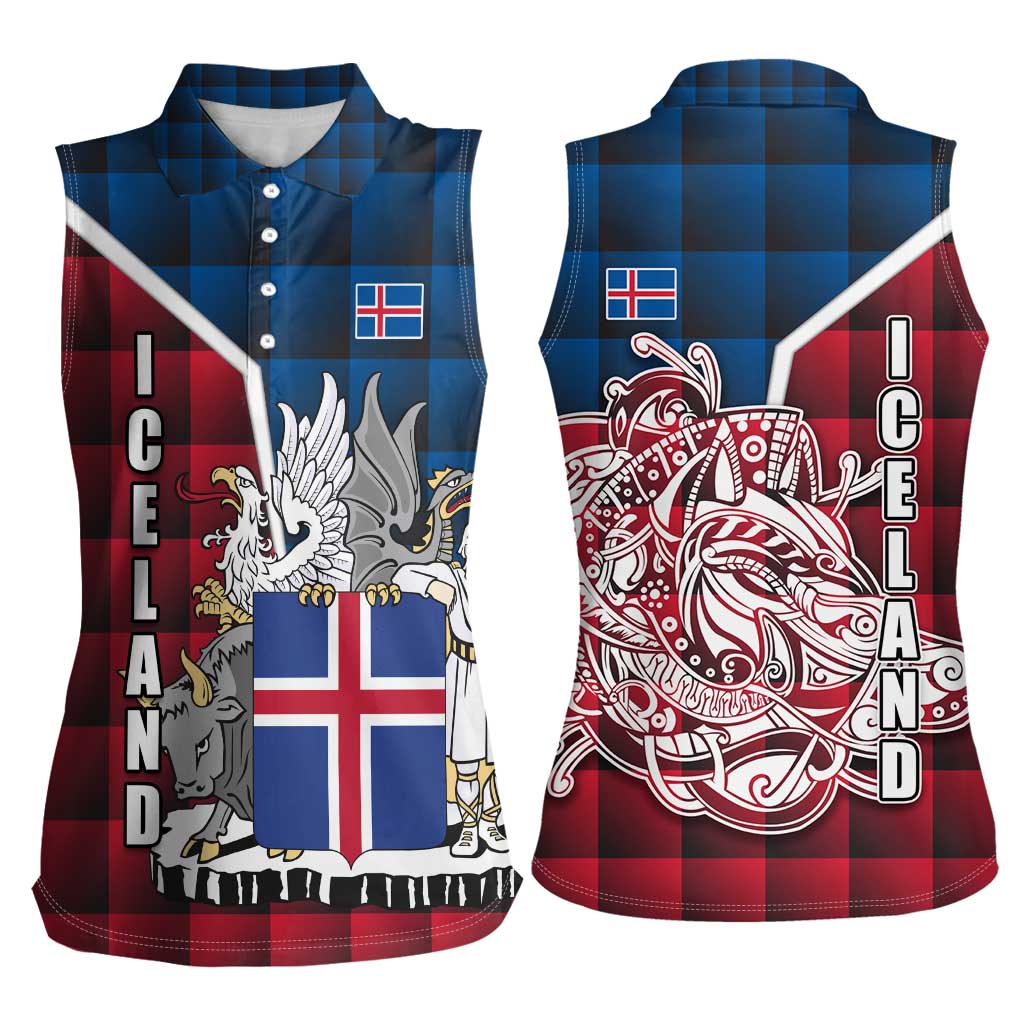 Iceland Crest Women Sleeveless Polo Shirt with Viking Dragon and Icelandic Flag Plaid Pattern - Wonder Print Shop
