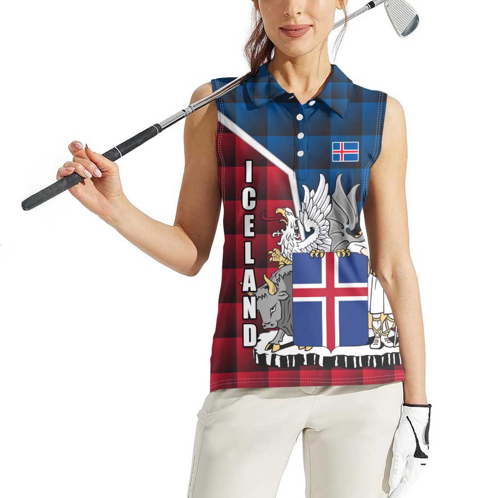 Iceland Crest Women Sleeveless Polo Shirt with Viking Dragon and Icelandic Flag Plaid Pattern - Wonder Print Shop