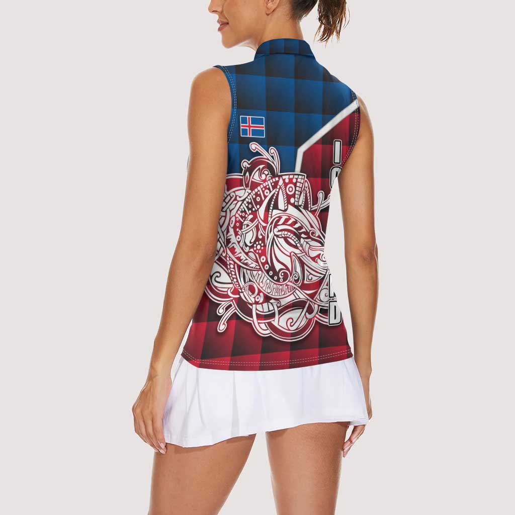 Iceland Crest Women Sleeveless Polo Shirt with Viking Dragon and Icelandic Flag Plaid Pattern - Wonder Print Shop