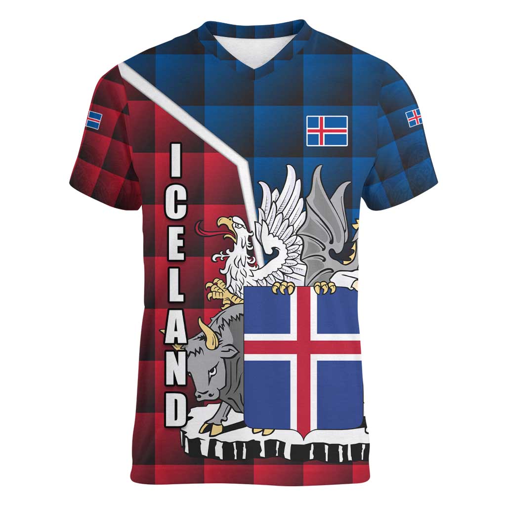 Iceland Crest Women V-Neck T-Shirt with Viking Dragon and Icelandic Flag Plaid Pattern - Wonder Print Shop