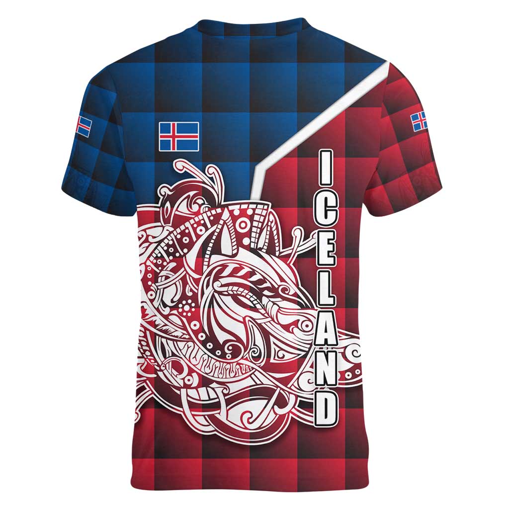 Iceland Crest Women V-Neck T-Shirt with Viking Dragon and Icelandic Flag Plaid Pattern - Wonder Print Shop