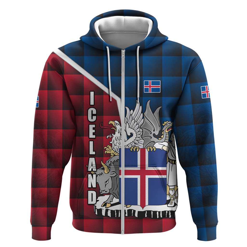 Iceland Crest Zip Hoodie with Viking Dragon and Icelandic Flag Plaid Pattern - Wonder Print Shop