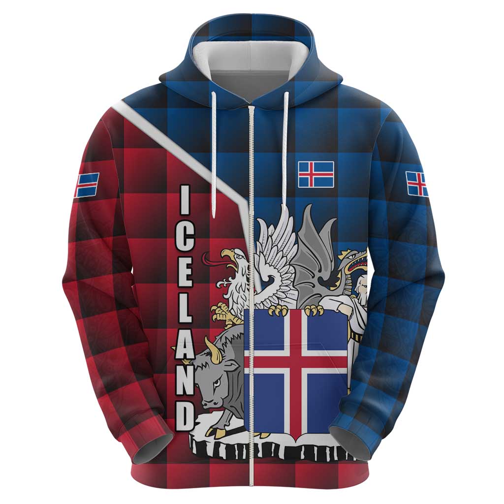 Iceland Crest Zip Hoodie with Viking Dragon and Icelandic Flag Plaid Pattern - Wonder Print Shop