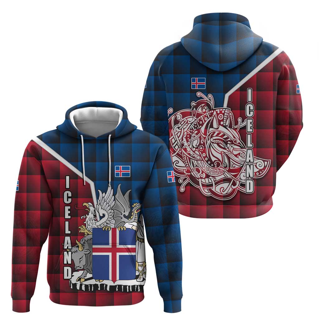 Iceland Crest Zip Hoodie with Viking Dragon and Icelandic Flag Plaid Pattern - Wonder Print Shop