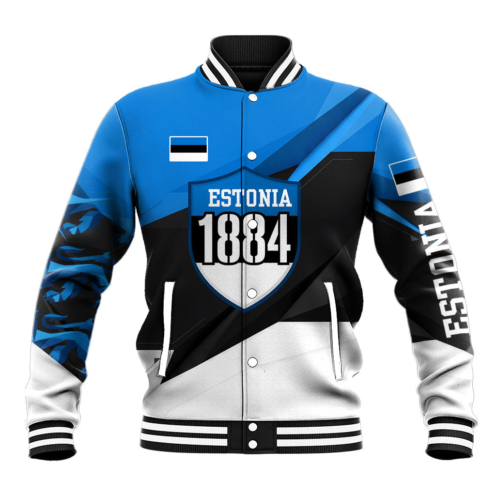 Estonia Flag 1884 Freedom Baseball Jacket Geometric Lion Crest National Pride