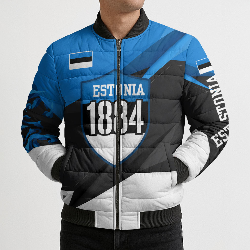 Estonia Flag 1884 Freedom Bomber Puffer Jacket Geometric Lion Crest National Pride