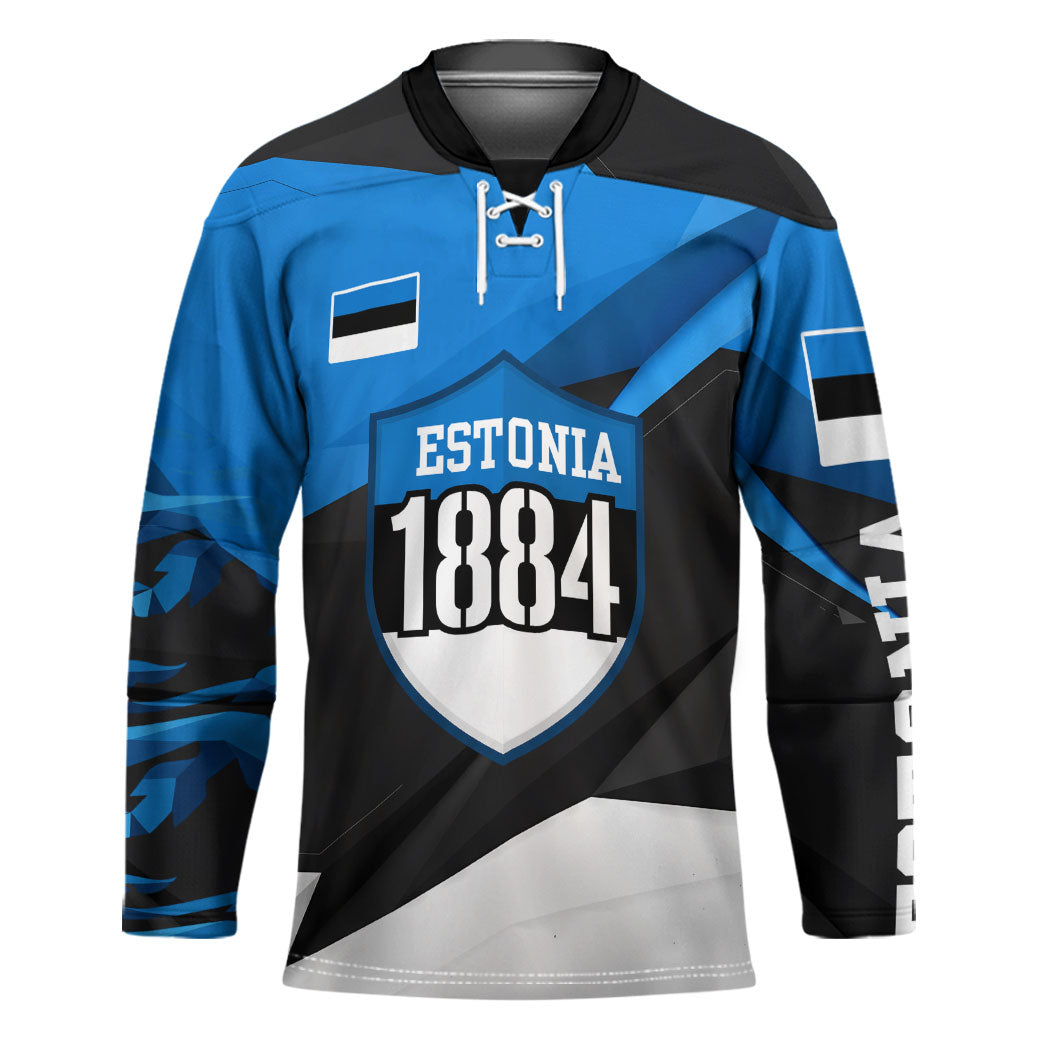 Estonia Flag 1884 Freedom Hockey Jersey Geometric Lion Crest National Pride
