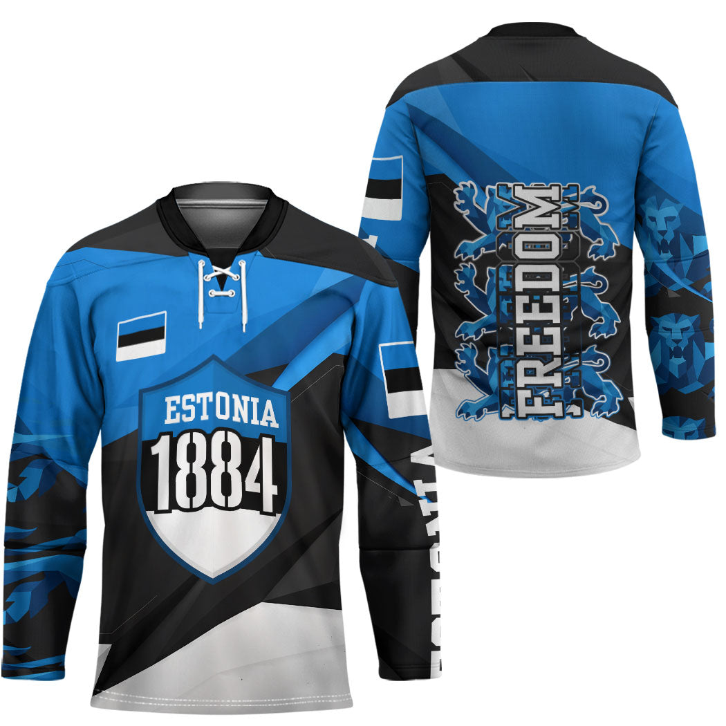 Estonia Flag 1884 Freedom Hockey Jersey Geometric Lion Crest National Pride